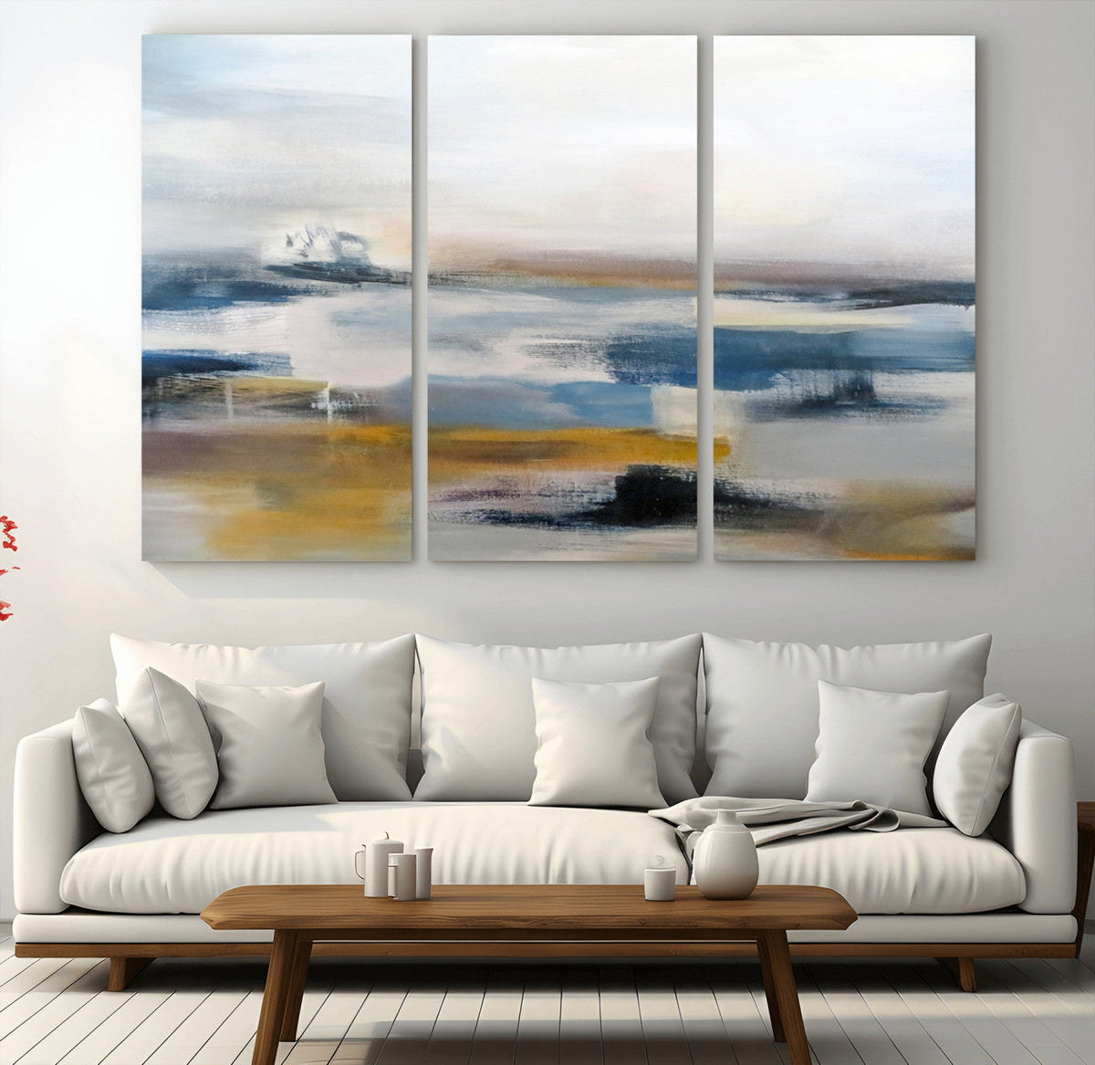 Abstract Landscape Wall Art Canvas | 3 Panel Modern Blue, Gold and White Canvas Art