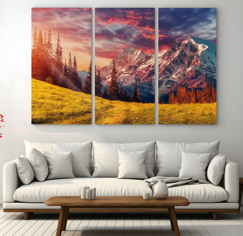 Mountain and Daylight Red Sunset Wall Art Canvas Print