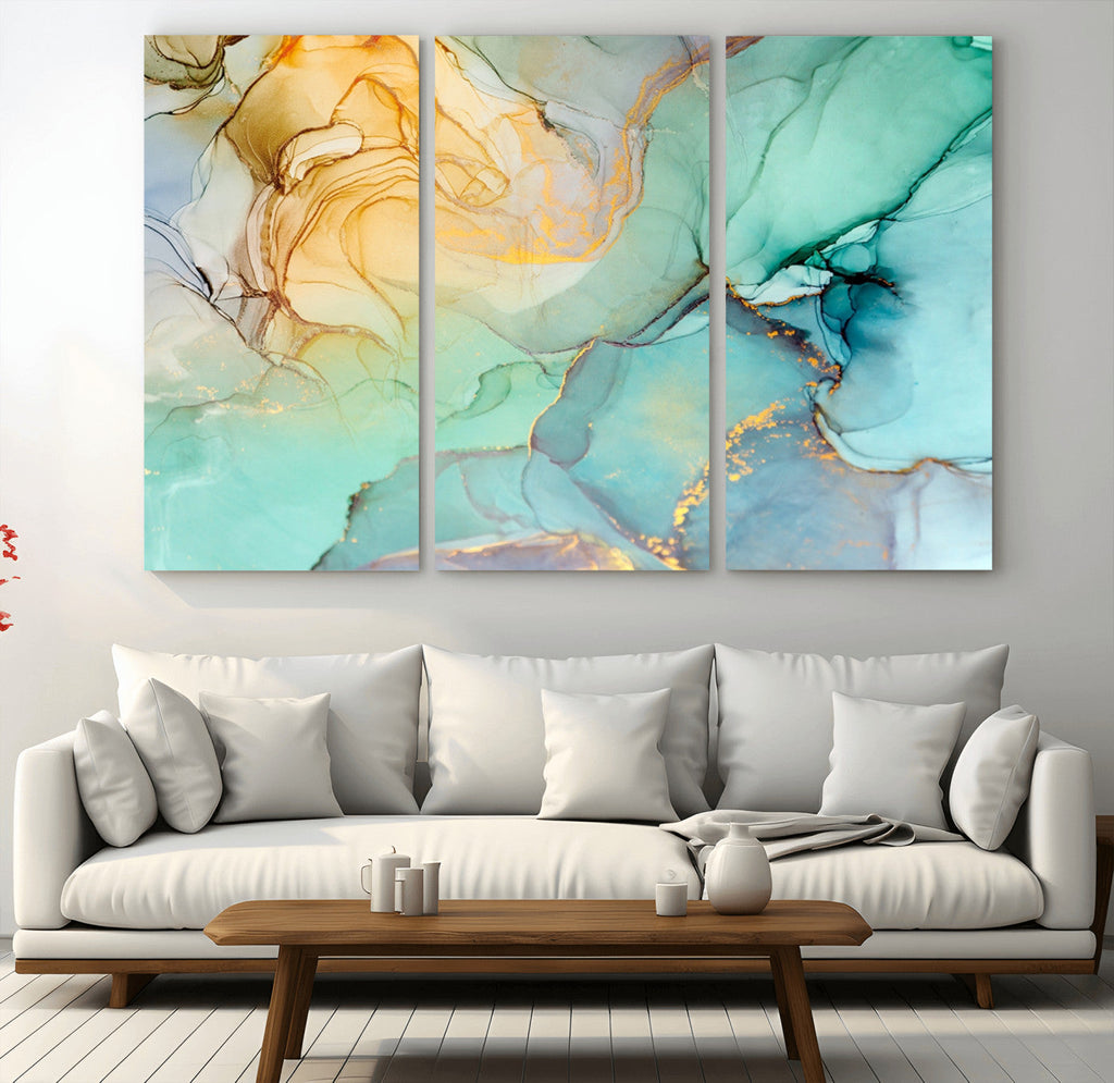 Abstract Aqua and Gold Fluid Wall Art Canvas | 3 Panel Large Canvas Print