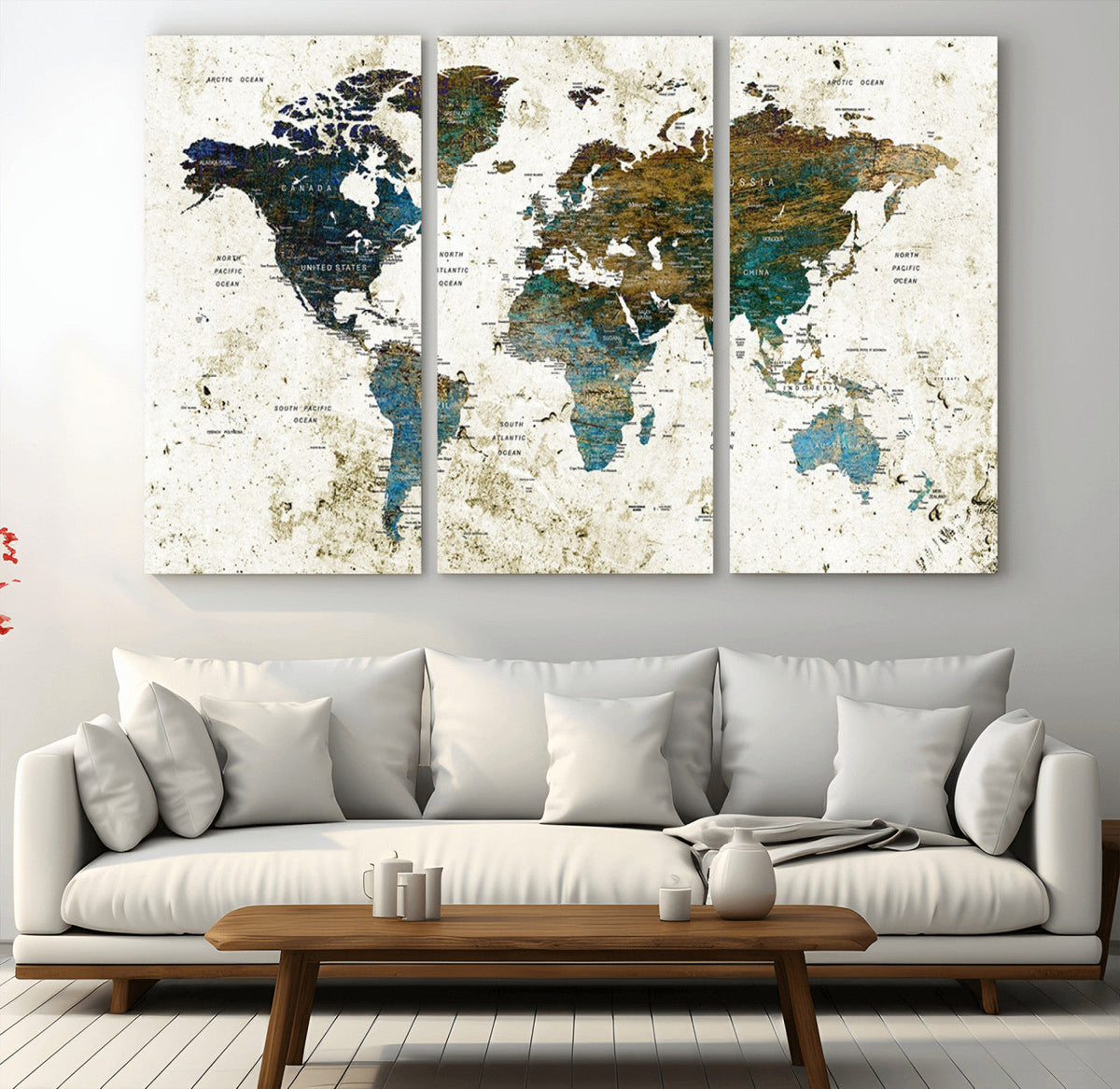Vintage World Map Wall Art Canvas Print, Framed Rustic Earth Tone Map
