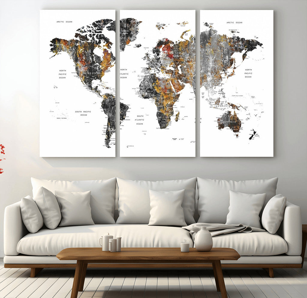 Modern Metallic World Map Canvas Wall Art | Framed Contemporary World Map Print