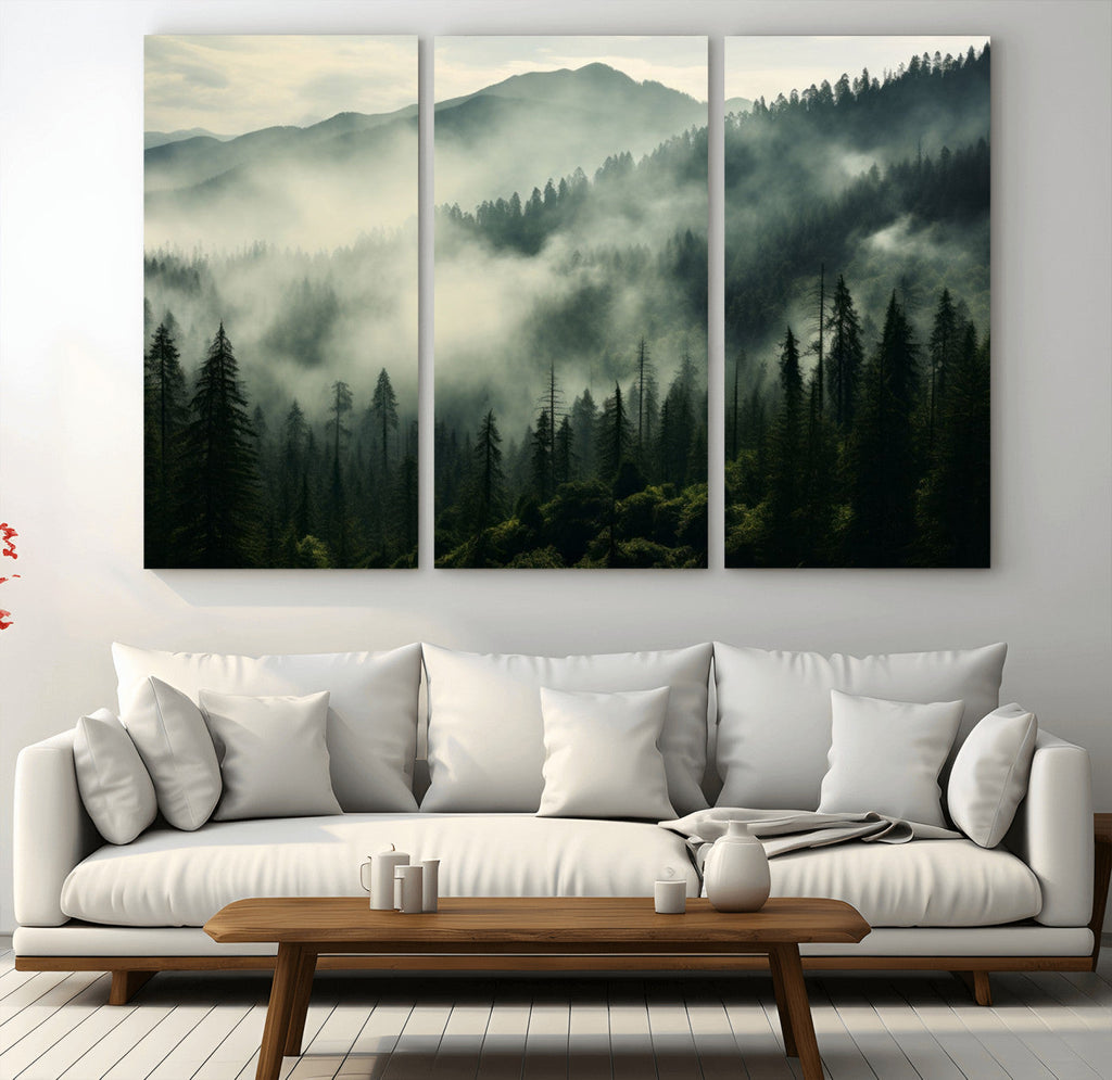 Captivating Misty Forest Wall Art Premium Canvas Print, A Foggy and Serene Atmosphere