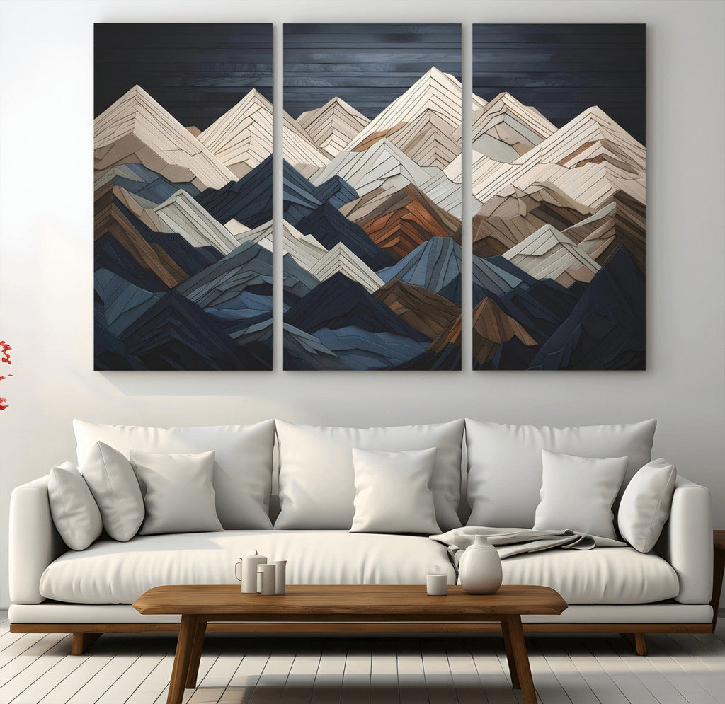 Rustic Mountain Landscape Wall Art Canvas Print, Framed 3D Wooden Effect Mountain Art