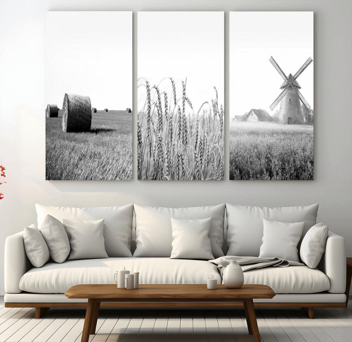 Vintage Farmhouse Black and White Triptych Wall Art, Giclee Canvas with Wheat Fields, Hay Bales and Windmill