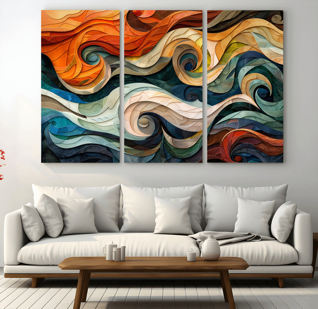Abstract Wave Wall Art, Ready to Hang Framed Canvas Print | Extra Large 3 Piece Canvas Wall Art