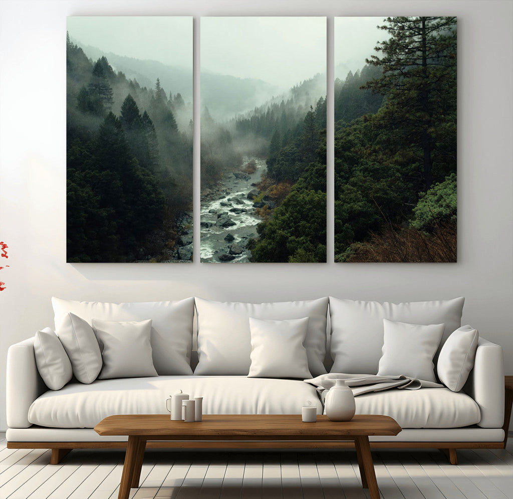 Misty Forest Wall Art, Tranquil Nature Landscape, Ready to Hang | Extra Large 3 Piece Canvas Wall Art