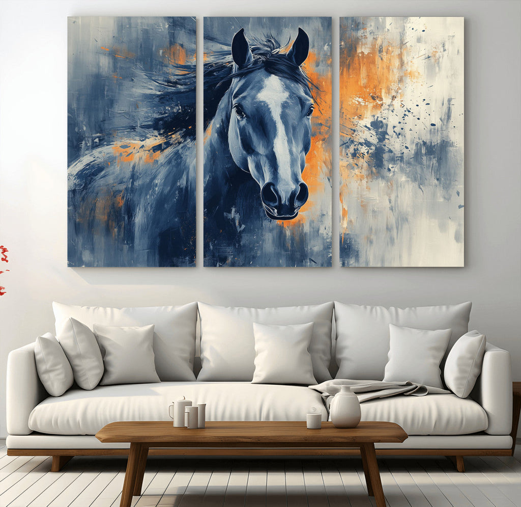 Abstract Blue Horse Wall Art Print Canvas | Western Horse Wall Art for Farmhouse Decor