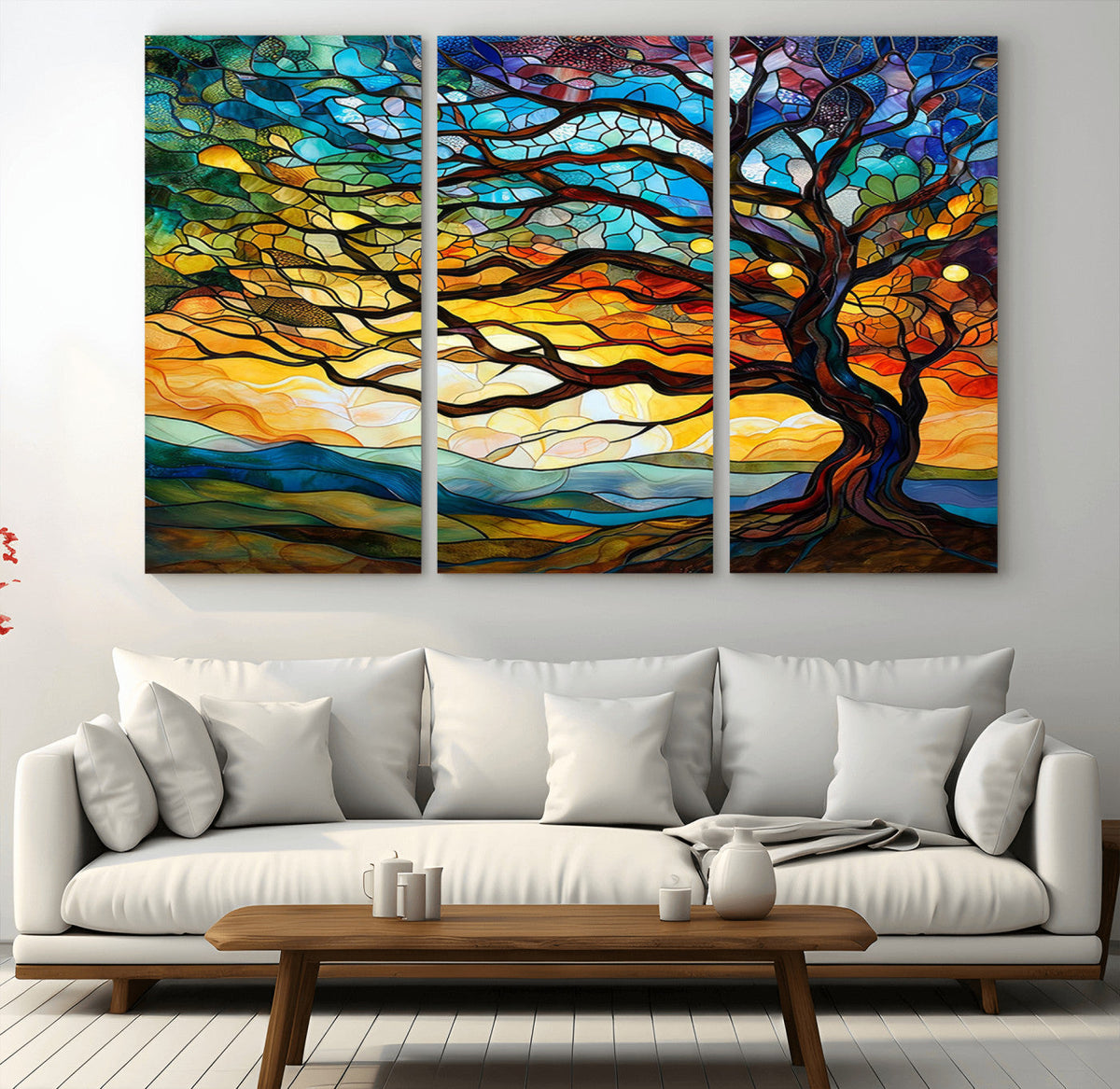 Vibrant Mosaic Tree of Life Wall Art, Stained Glass Style Canvas Print