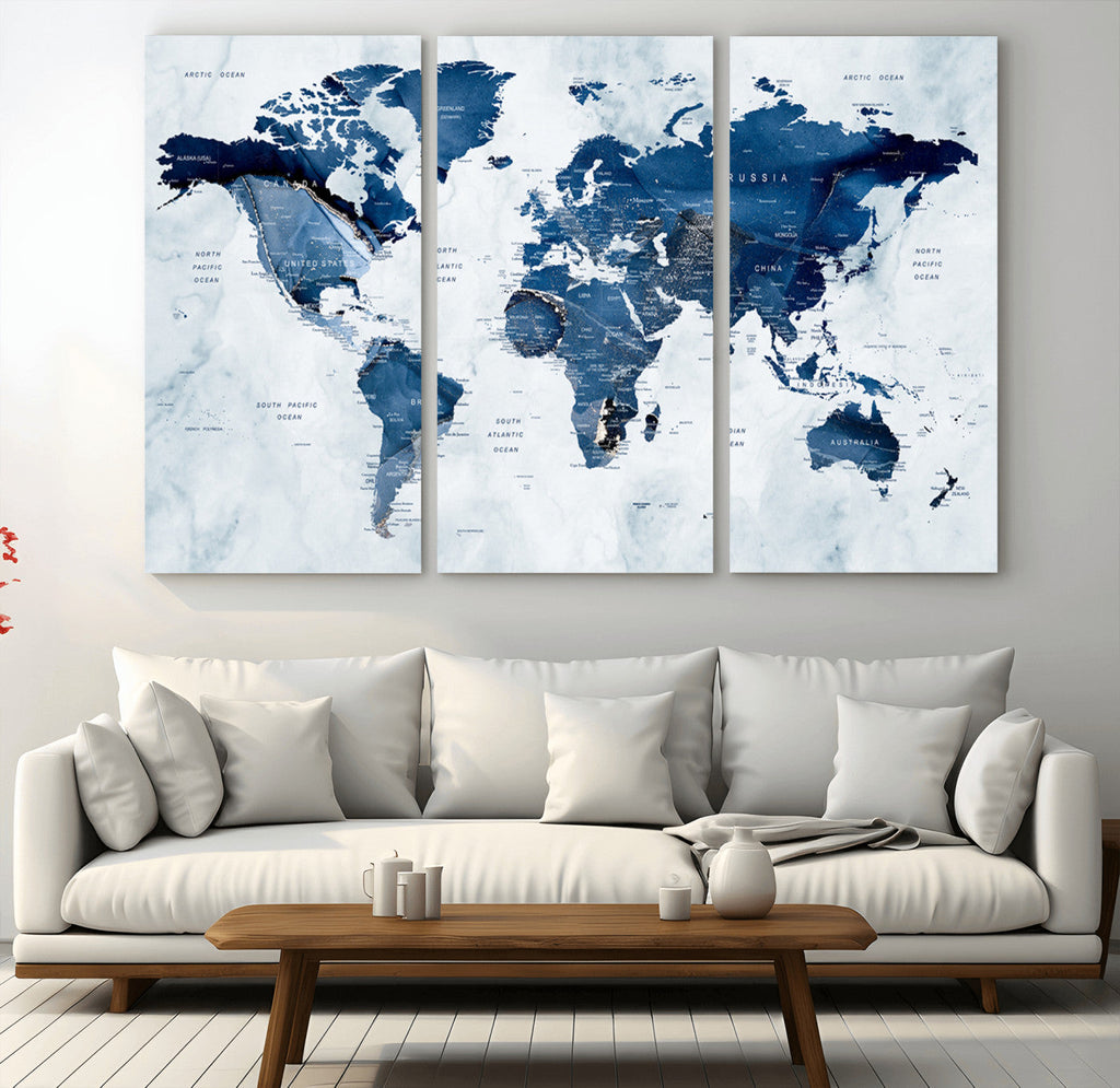 Modern Blue World Map Canvas Print | Elegant Travel Map Wall Art for Home Office