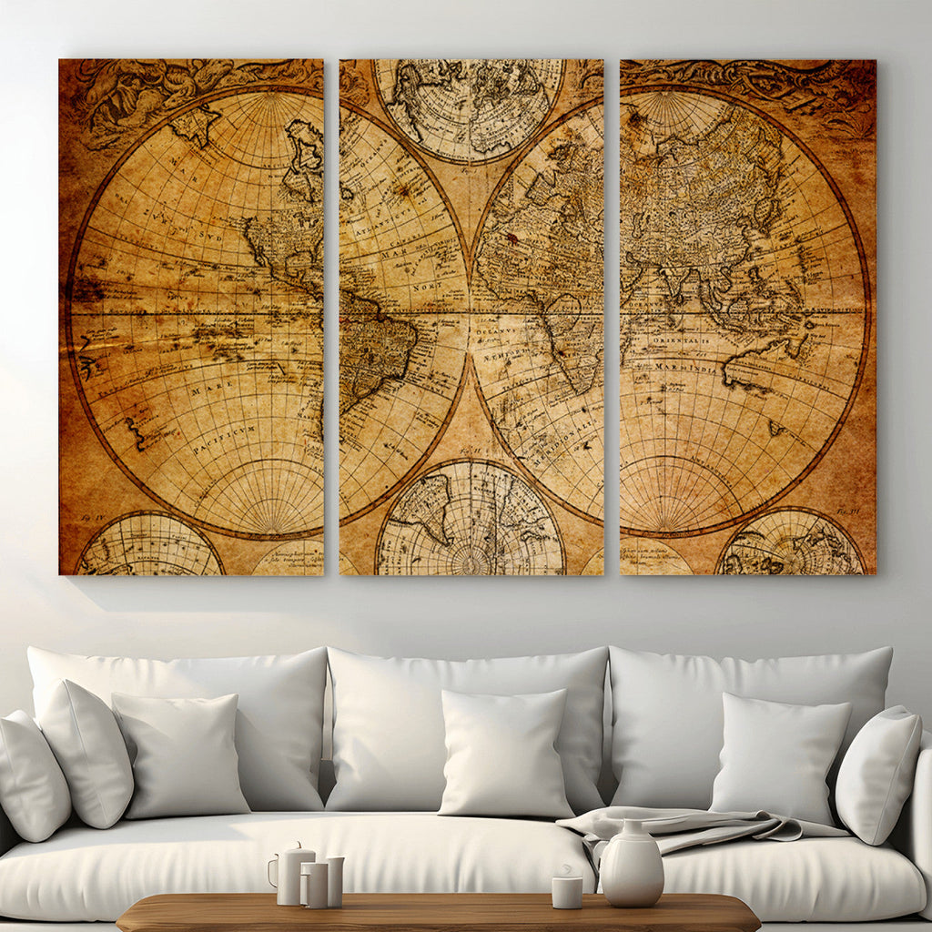 Vintage World Map Canvas Print | Antique Push Pin Travel Map