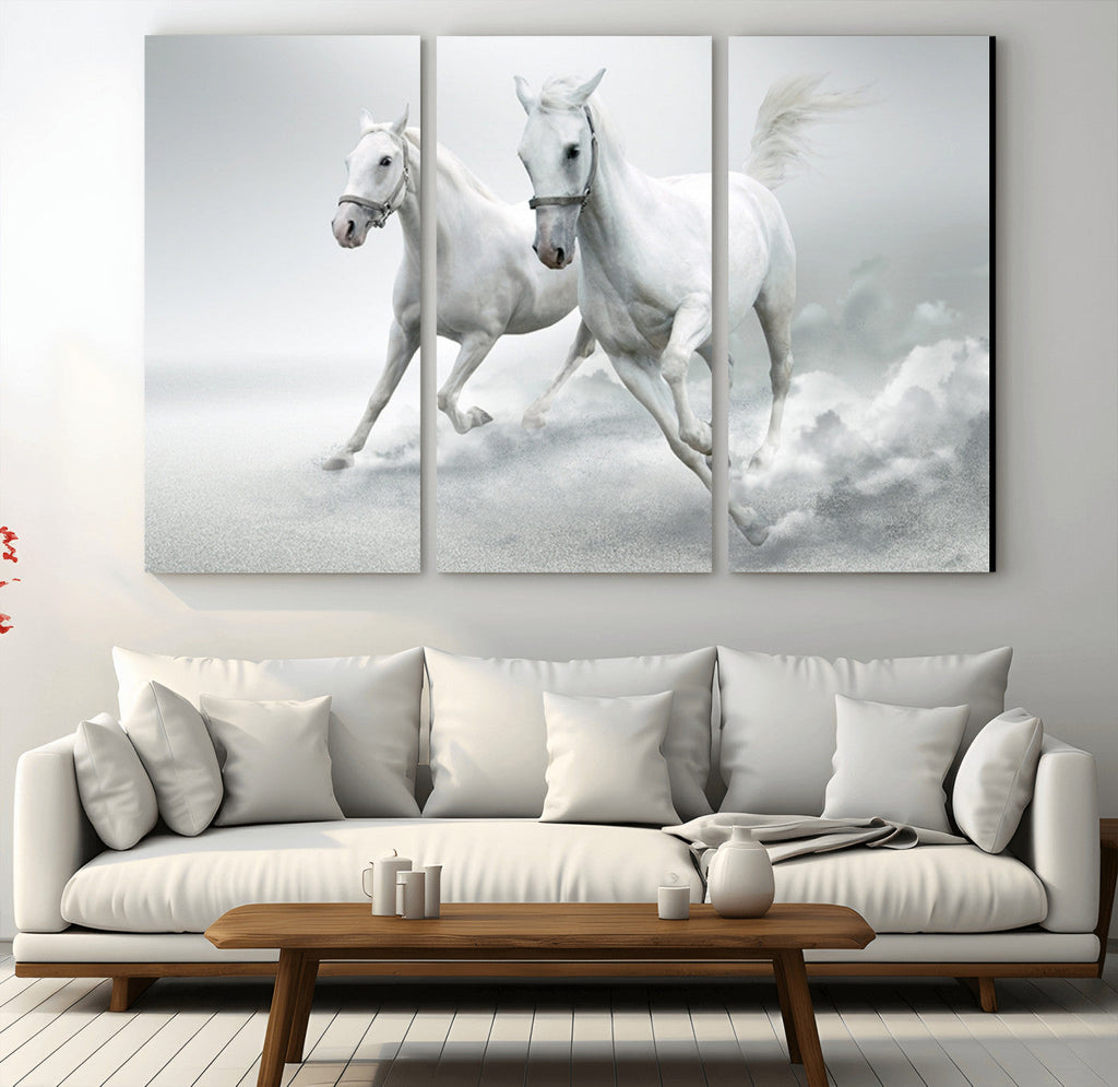 Large Wall Art Canvas Print, Beautiful Running White Horses