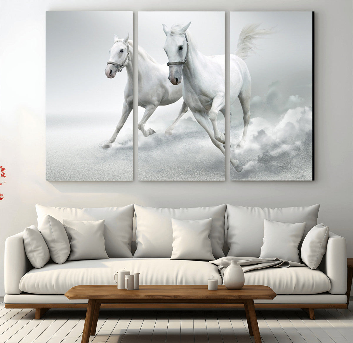 Large Wall Art Canvas Print, Beautiful Running White Horses