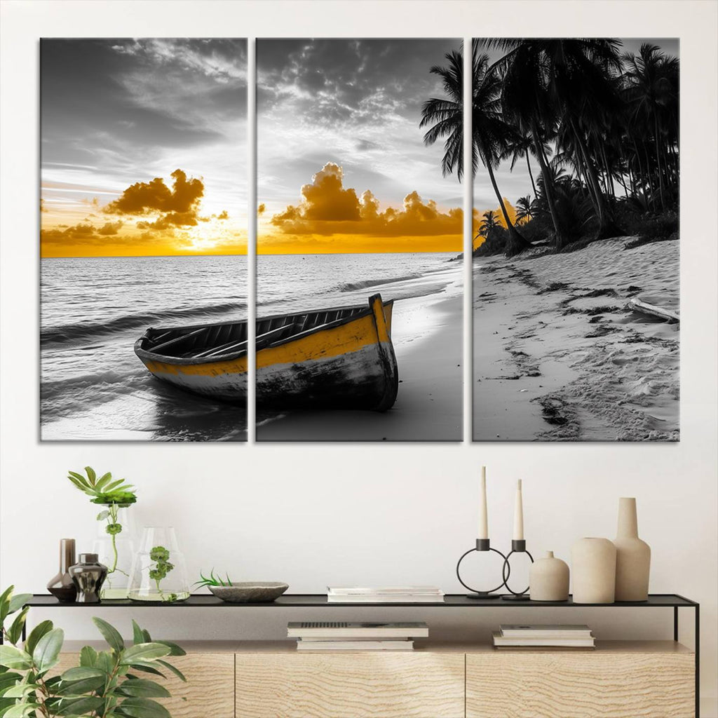 Yellow Rowboat Wall Art | Framed Tropical Shoreline Canvas