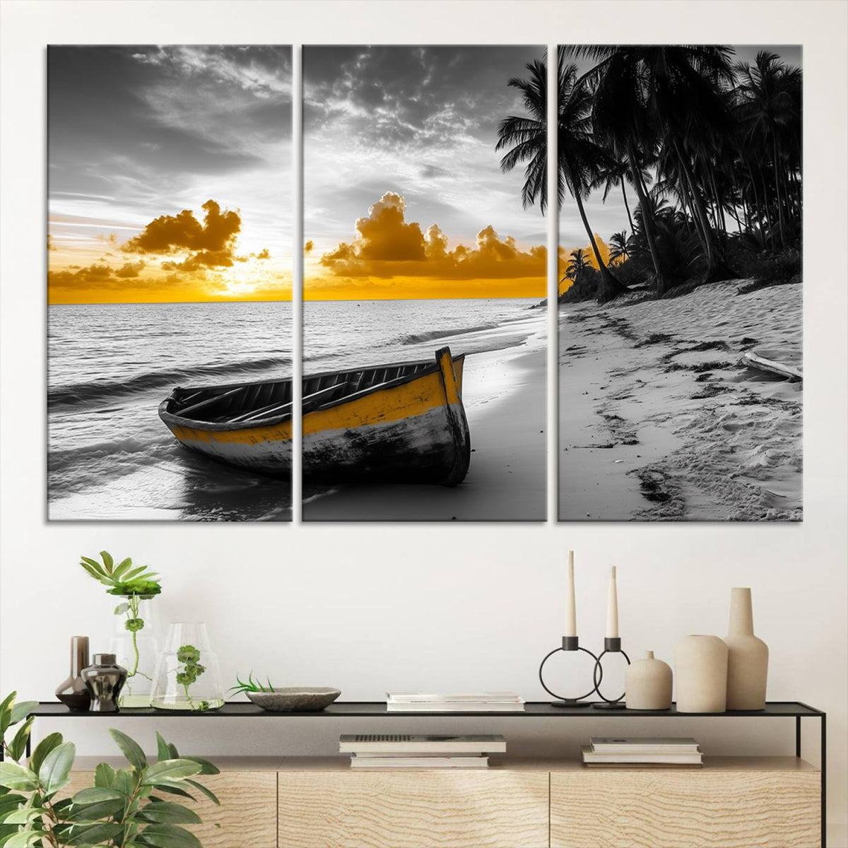 Yellow Rowboat Wall Art | Framed Tropical Shoreline Canvas