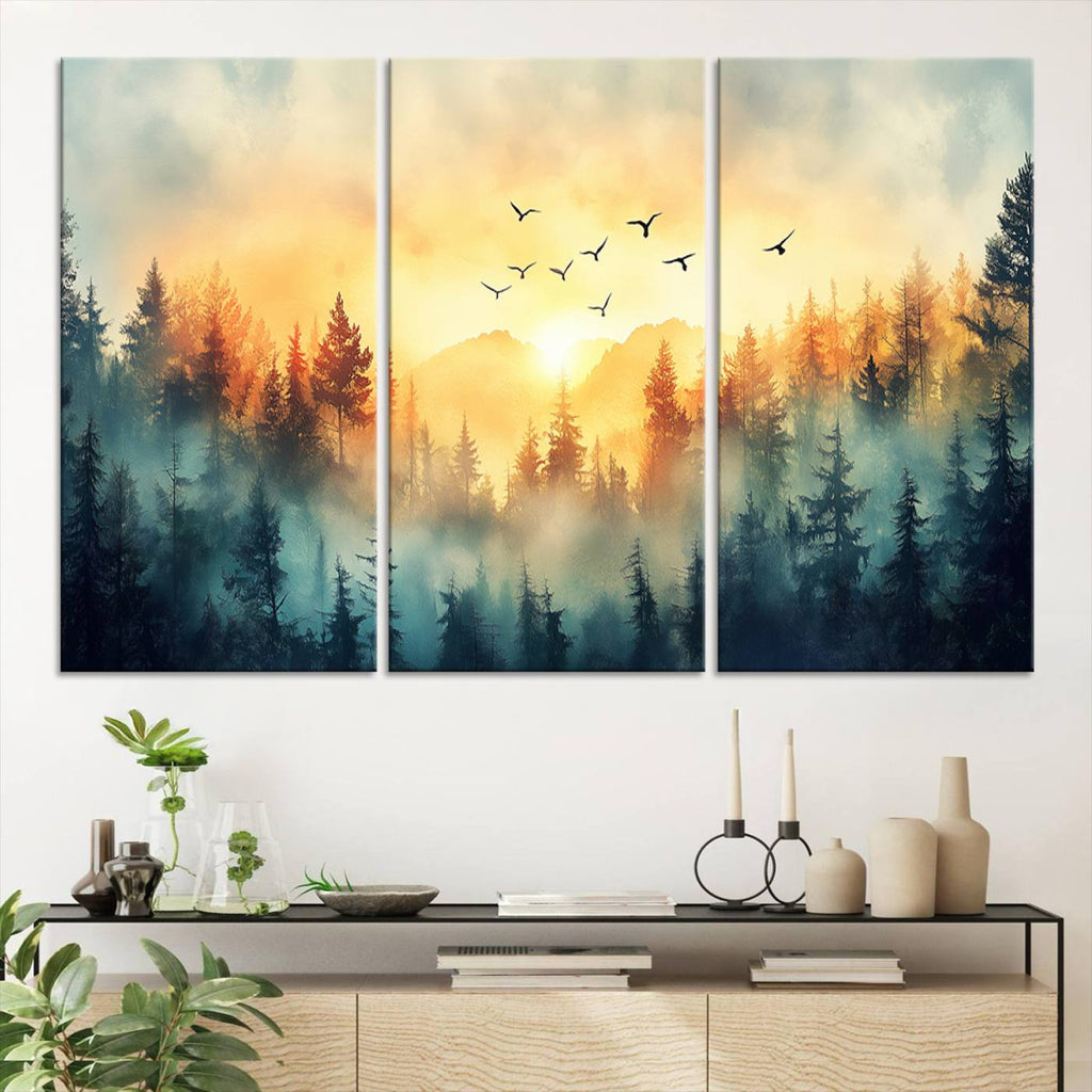Sunrise Forest Wall Art | Framed Misty Pines Canvas Artwork