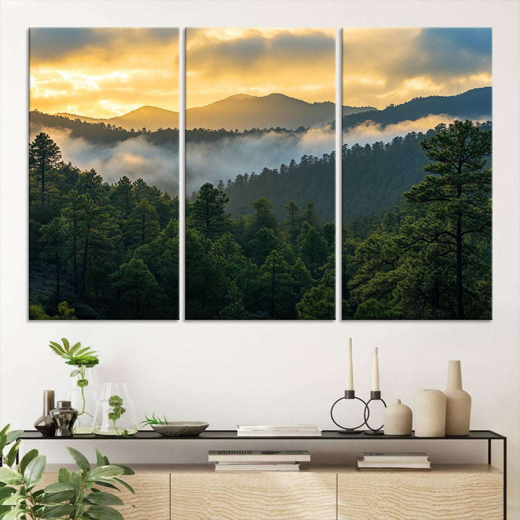 Mountain Sunrise Wall Art | Framed Pine Forest Canvas