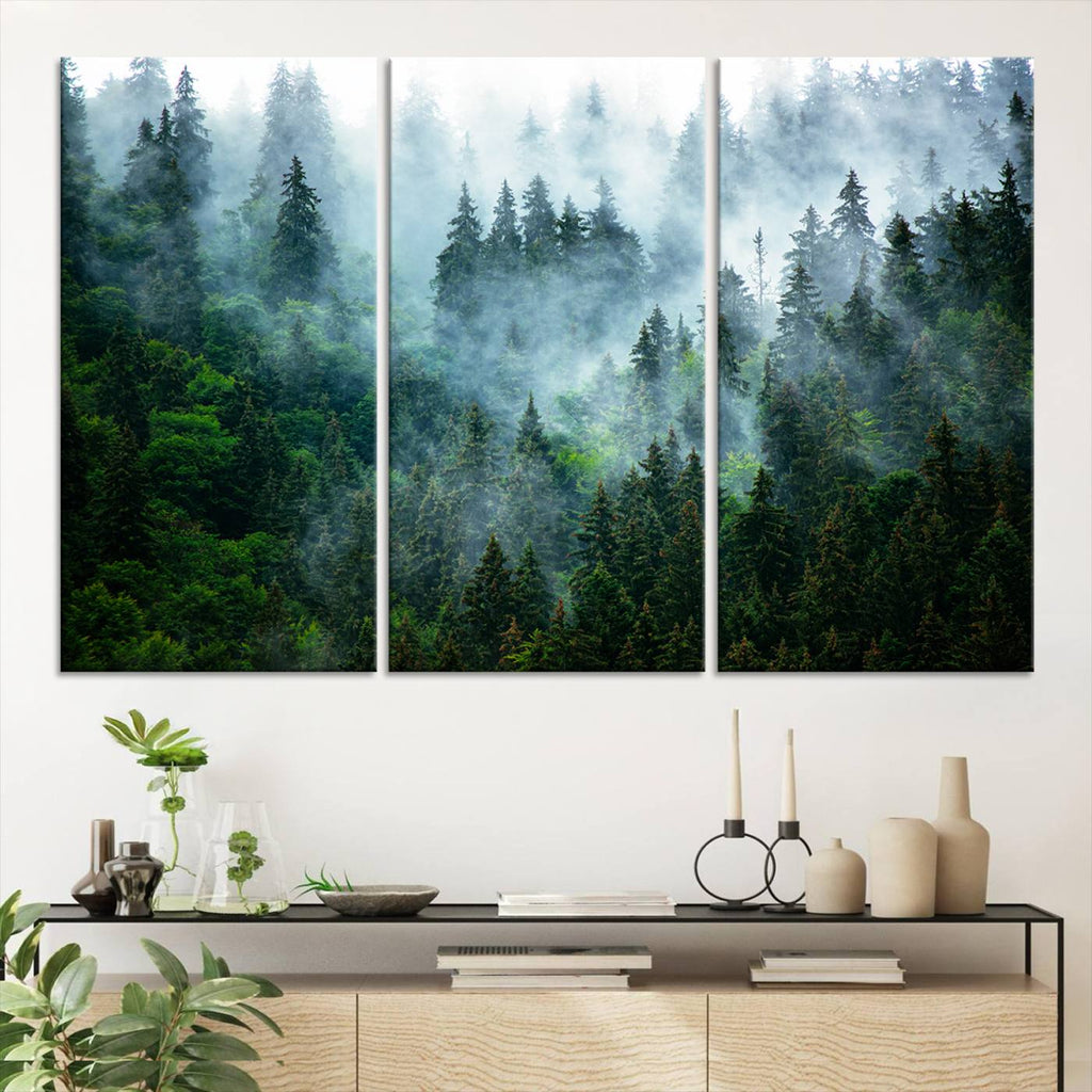 Misty Forest Wall Art Canvas Print | Framed Foggy Mountain Landscape