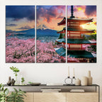 Mount Fuji Cherry Blossom Wall Art Canvas Print | Framed Pagoda Sunset
