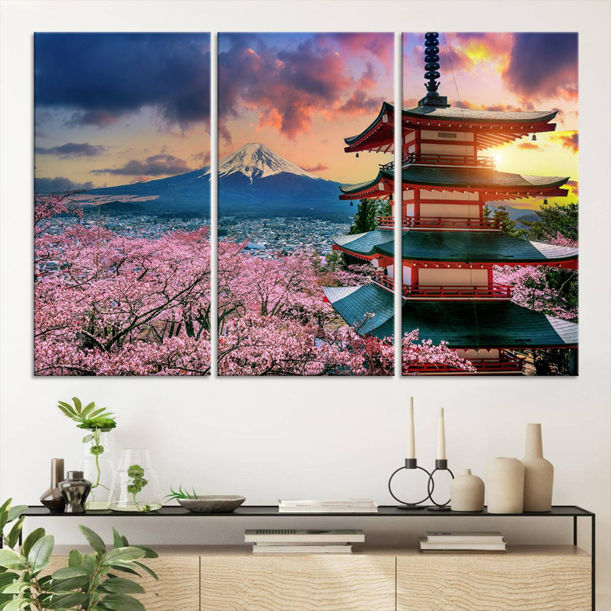 Mount Fuji Cherry Blossom Wall Art Canvas Print | Framed Pagoda Sunset