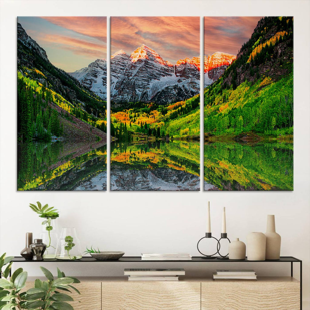 Sunset Glow Mountain Wall Art Canvas Print | Peaks, Green Forest and Lake