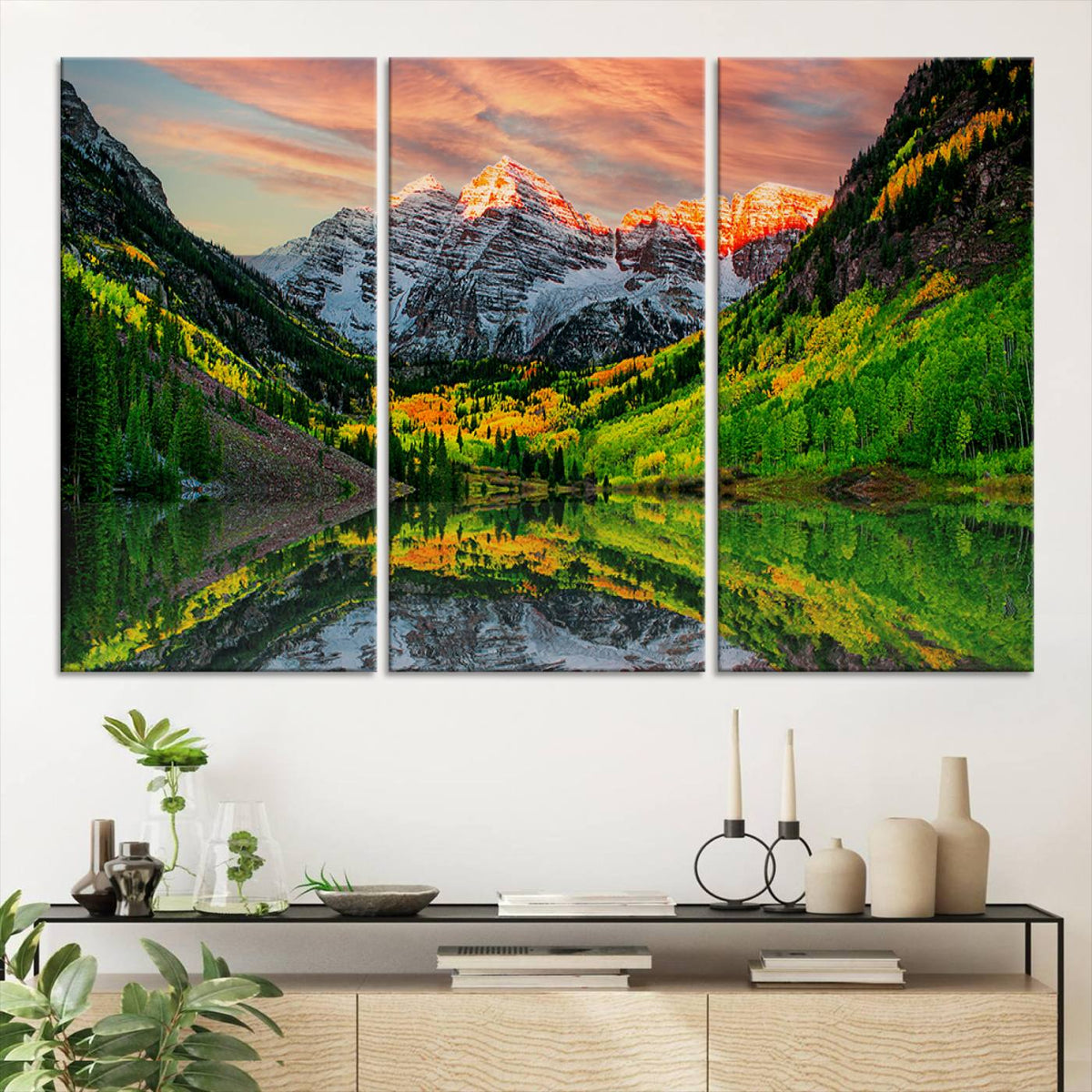 Sunset Glow Mountain Wall Art Canvas Print | Peaks, Green Forest and Lake
