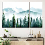 Misty Pine Forest Wall Art, Foggy Mountain Landscape Canvas