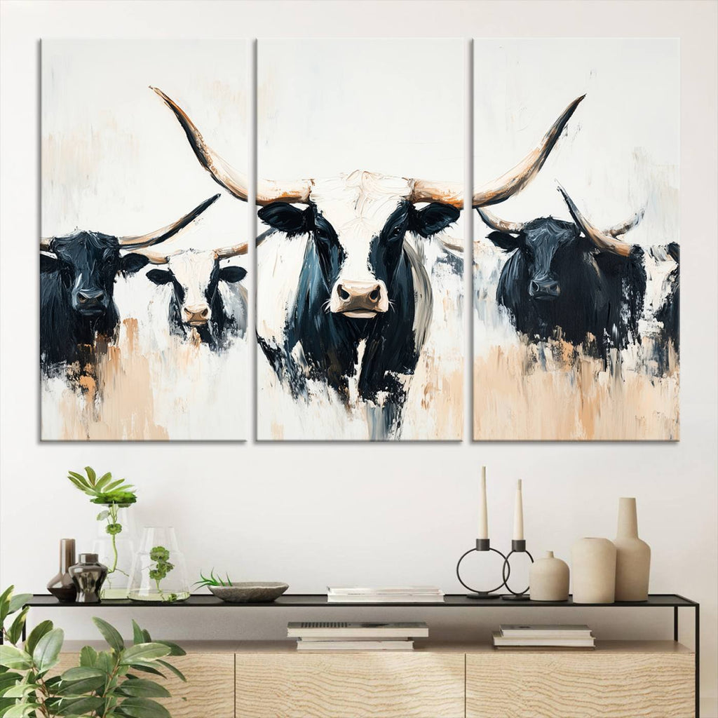 Texas Longhorn Wall Art Canvas Print | Majestic Horned Bull in Black and White