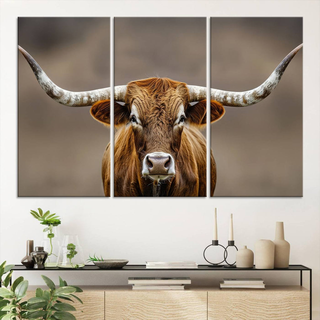 Texas Longhorn Wall Art Canvas Print | Rustic Brown Bull Western Decor