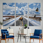 Bison Wall Art | Snowy Road Wall Art | Framed Mountain Landscape Canvas