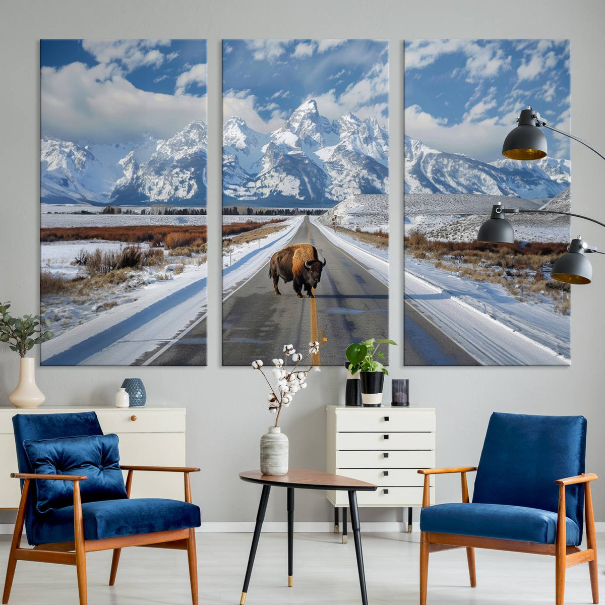 Bison Wall Art | Snowy Road Wall Art | Framed Mountain Landscape Canvas