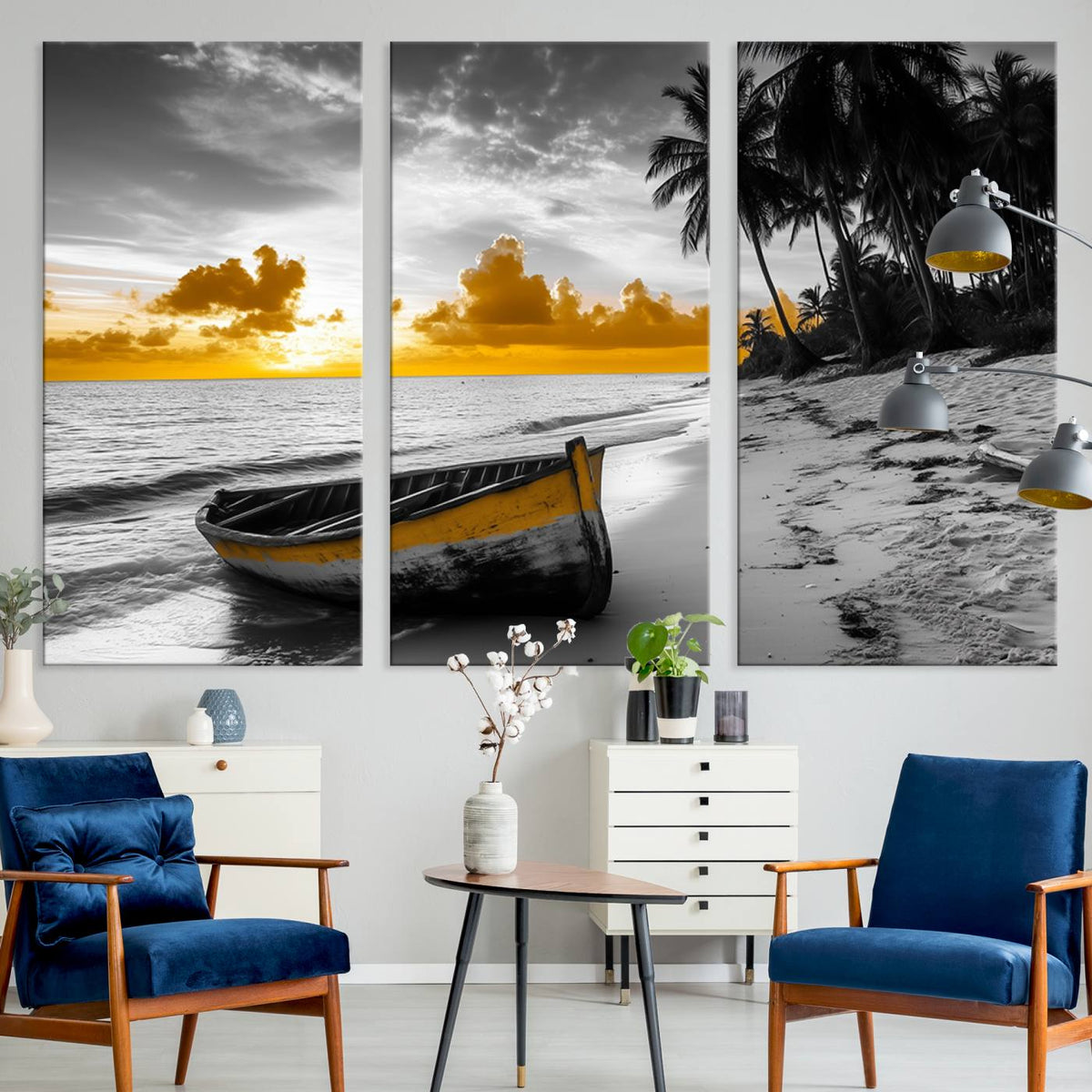 Yellow Rowboat Wall Art | Framed Tropical Shoreline Canvas