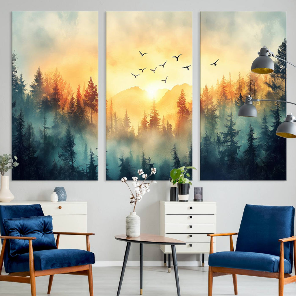 Sunrise Forest Wall Art | Framed Misty Pines Canvas Artwork