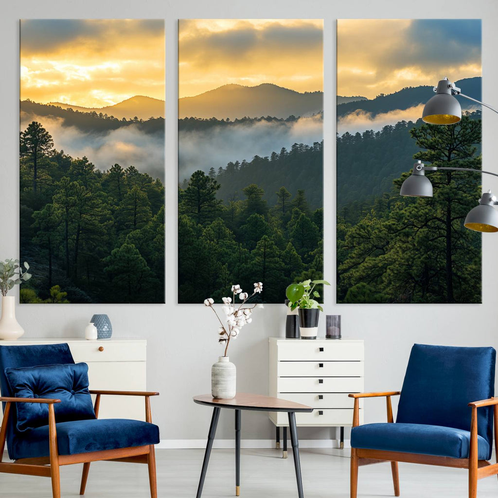 Mountain Sunrise Wall Art | Framed Pine Forest Canvas