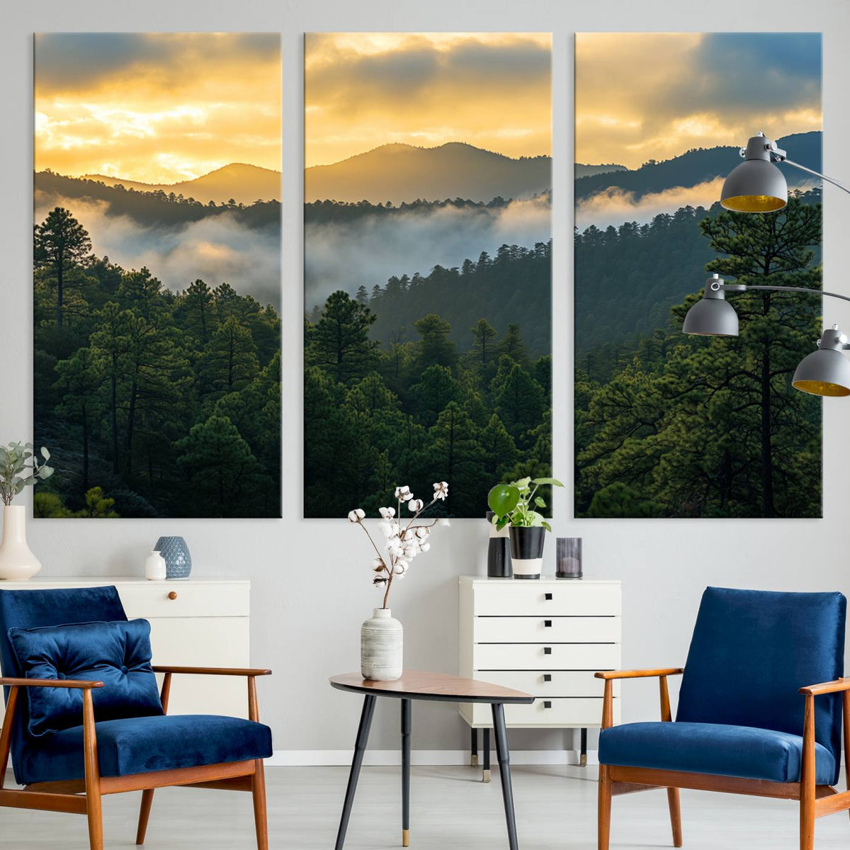 Mountain Sunrise Wall Art | Framed Pine Forest Canvas
