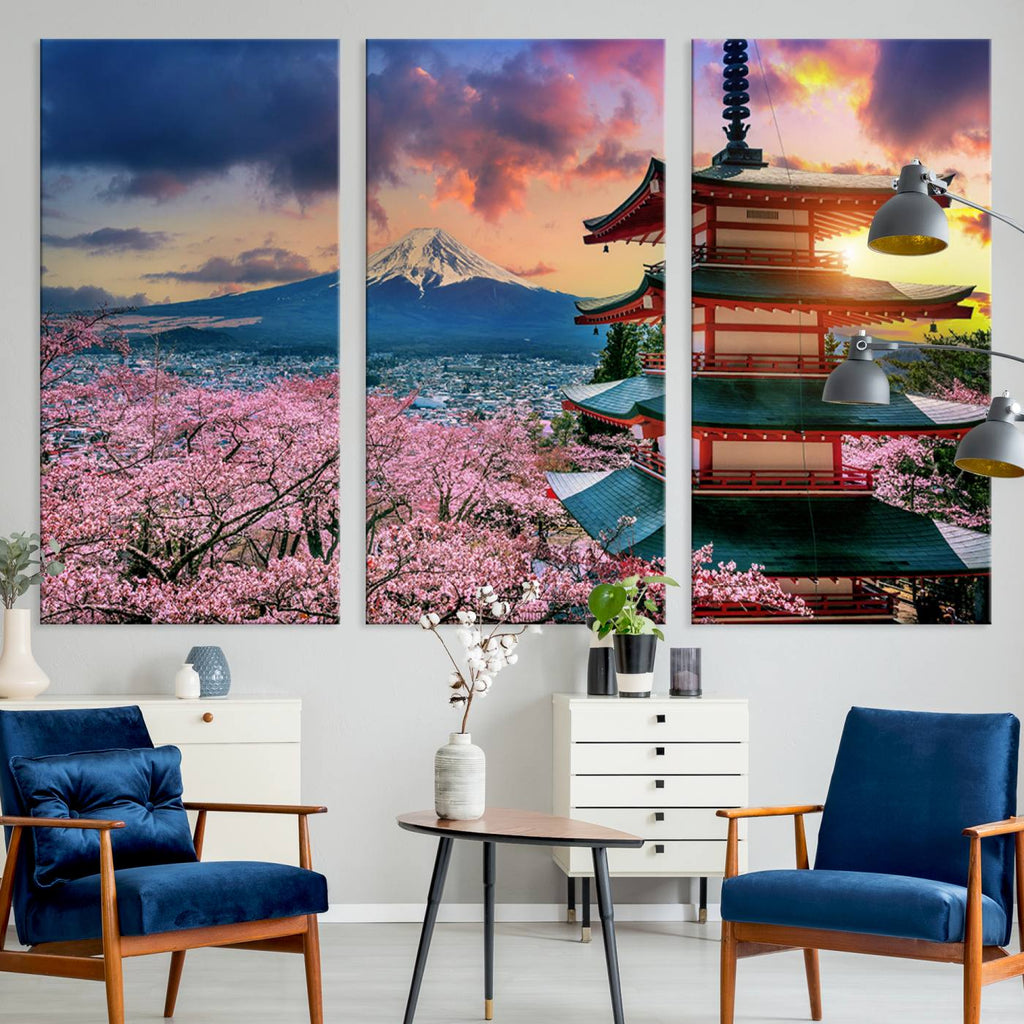 Mount Fuji Cherry Blossom Wall Art Canvas Print | Framed Pagoda Sunset