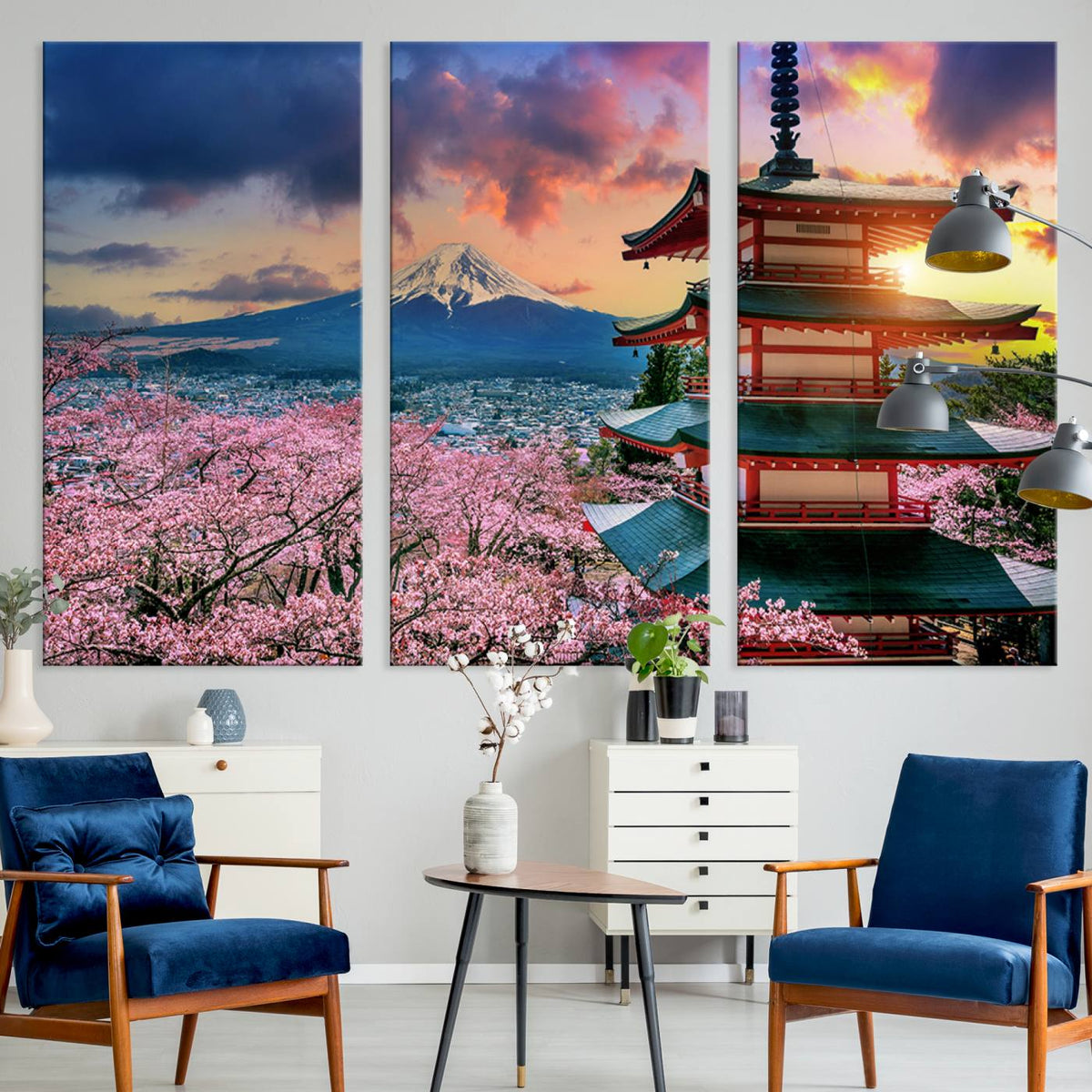 Mount Fuji Cherry Blossom Wall Art Canvas Print | Framed Pagoda Sunset