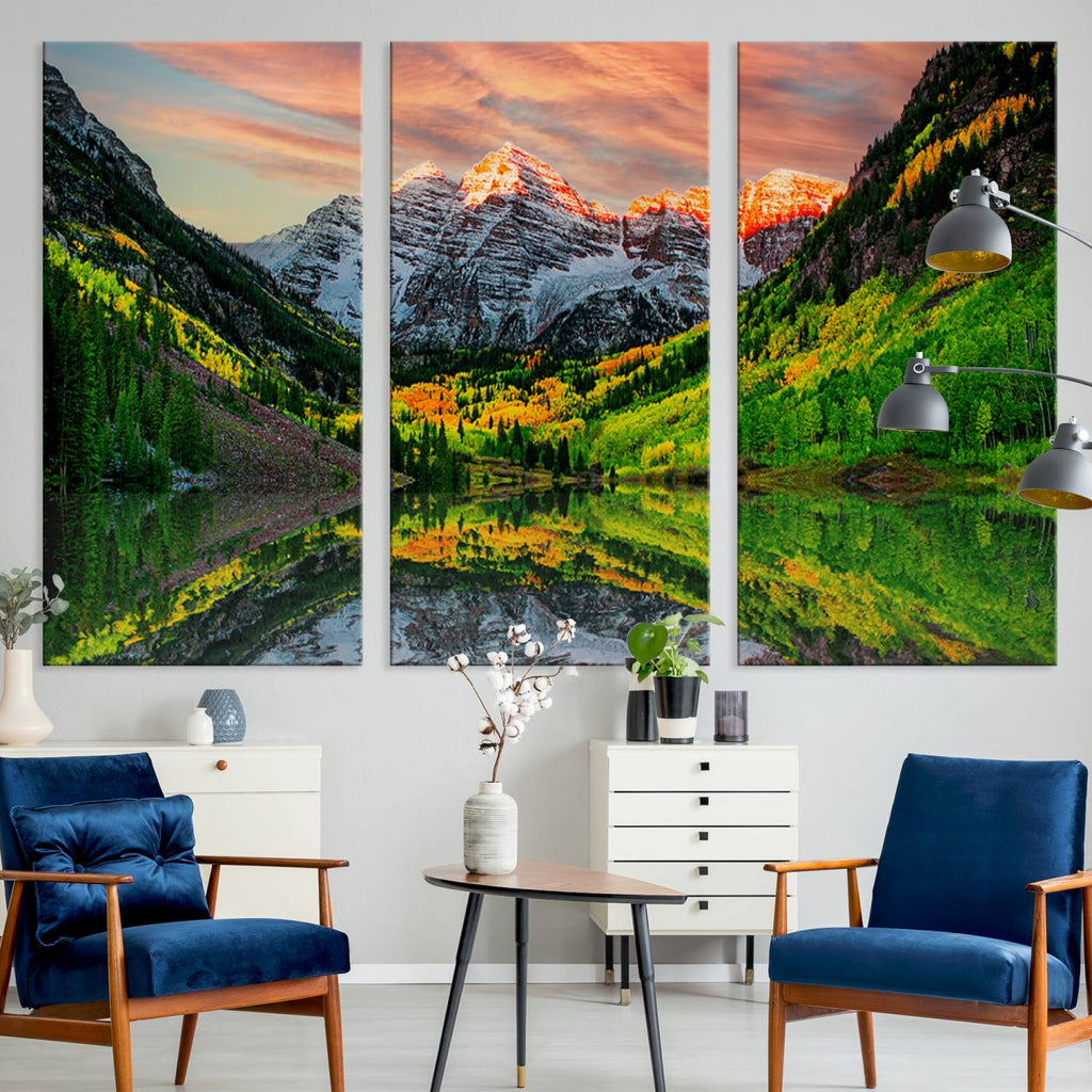 Sunset Glow Mountain Wall Art Canvas Print | Peaks, Green Forest and Lake