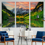 Sunset Glow Mountain Wall Art Canvas Print | Peaks, Green Forest and Lake