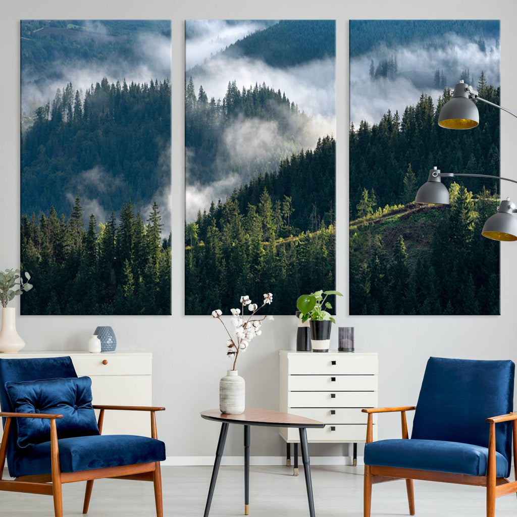 Misty Forest Wall Art Canvas Print | Pine Hills with Foggy Trees