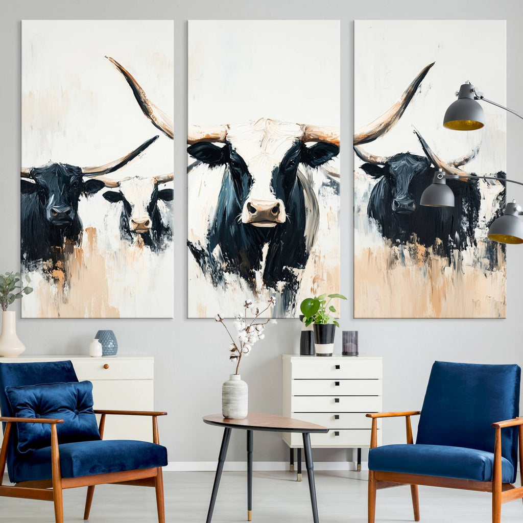 Texas Longhorn Wall Art Canvas Print | Majestic Horned Bull in Black and White
