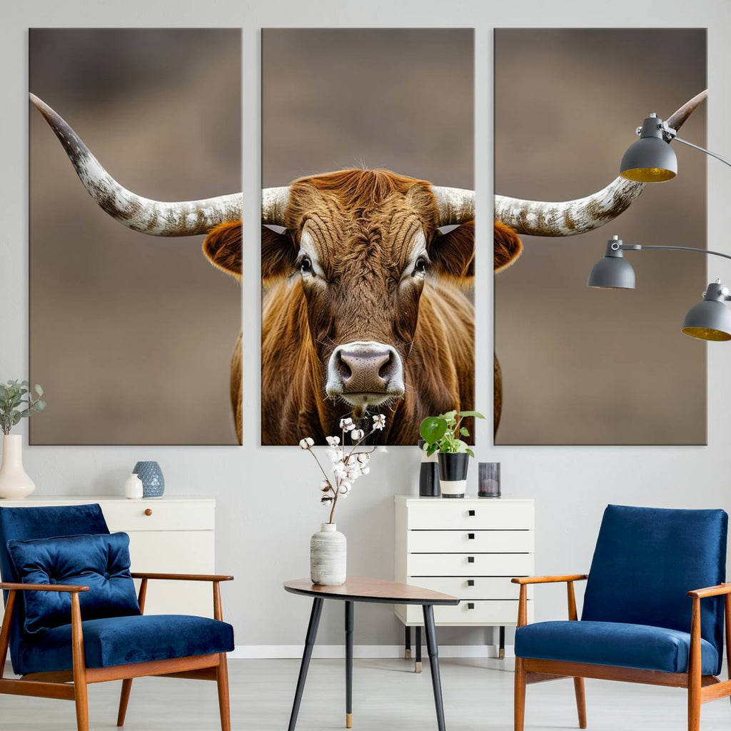 Texas Longhorn Wall Art Canvas Print | Rustic Brown Bull Western Decor