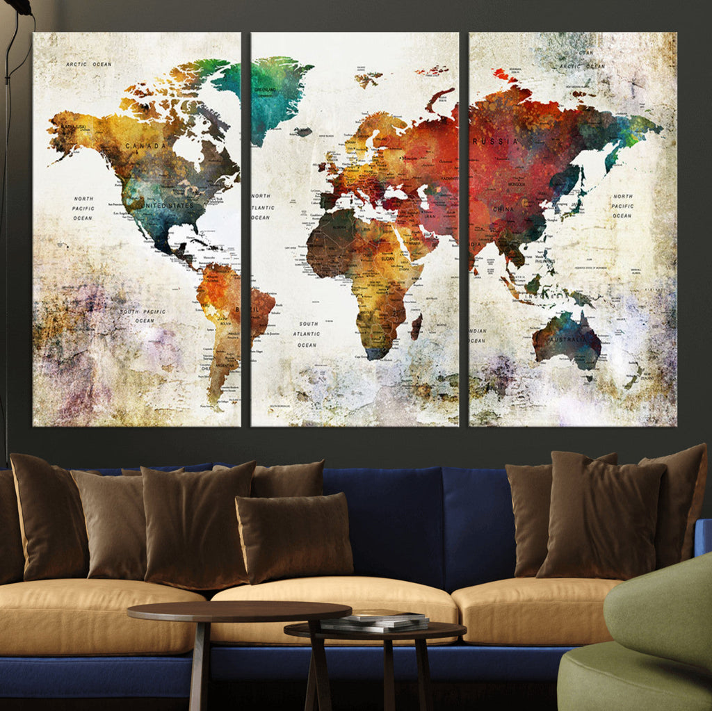Watercolor World Map Canvas Print | Framed Travel Map Wall Art for Couples