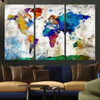 Navy Blue and Orange Watercolor World Map Canvas Print | Framed Travel Map
