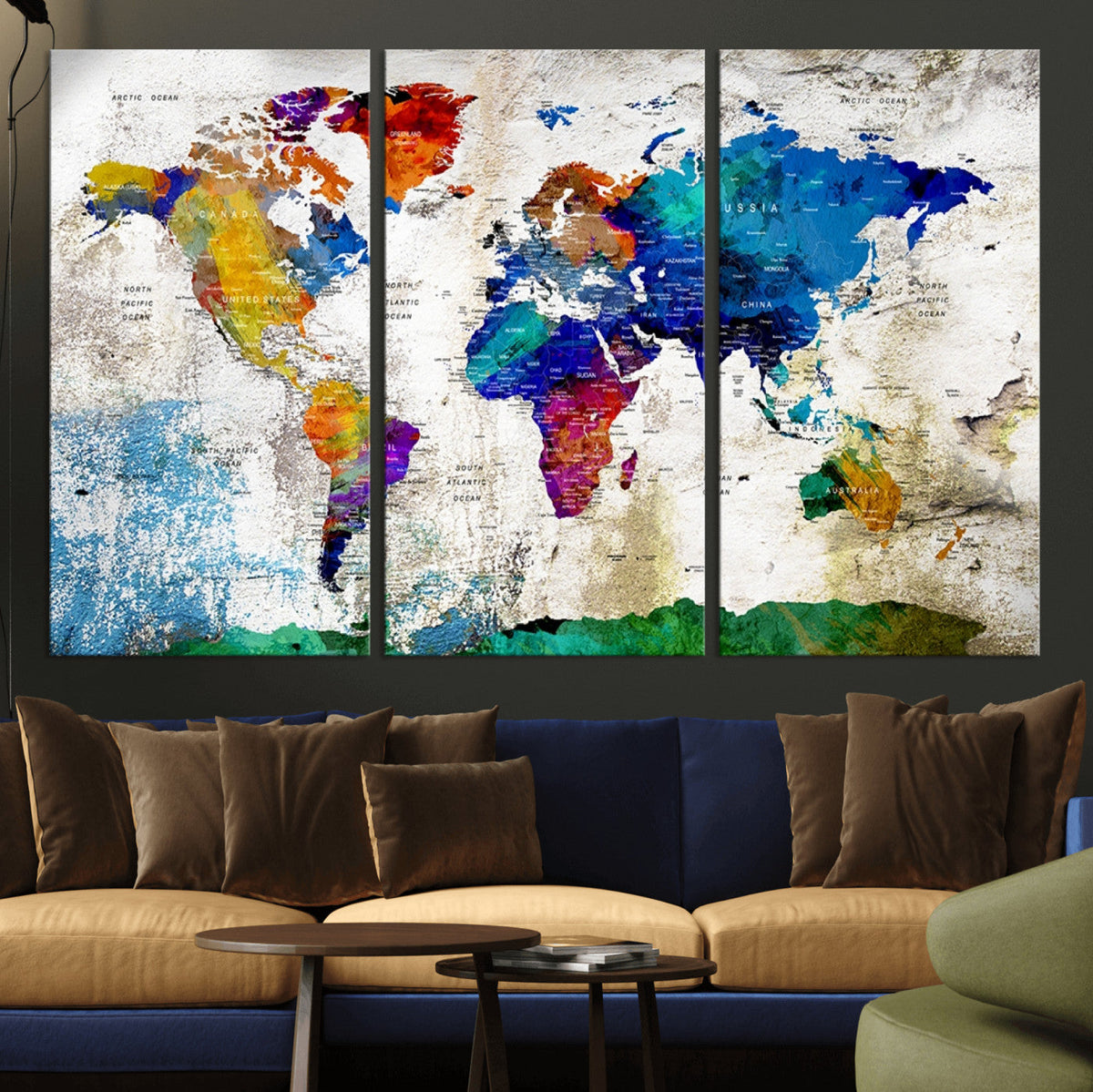 Navy Blue and Orange Watercolor World Map Canvas Print | Framed Travel Map