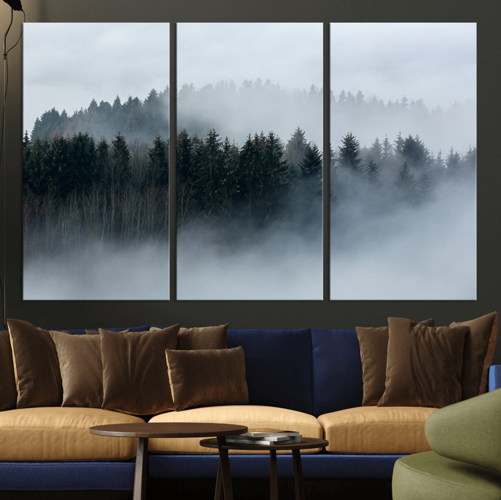Autumn and Misty Trees in the Forest Wall Art Canvas Print, Foggy Forest Mountain Wall Art