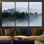 Autumn and Misty Trees in the Forest Wall Art Canvas Print, Foggy Forest Mountain Wall Art