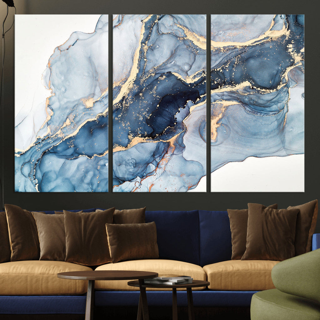 Blue Abstract Canvas Wall Art Print | Fluid Marble Effect Abstract Art