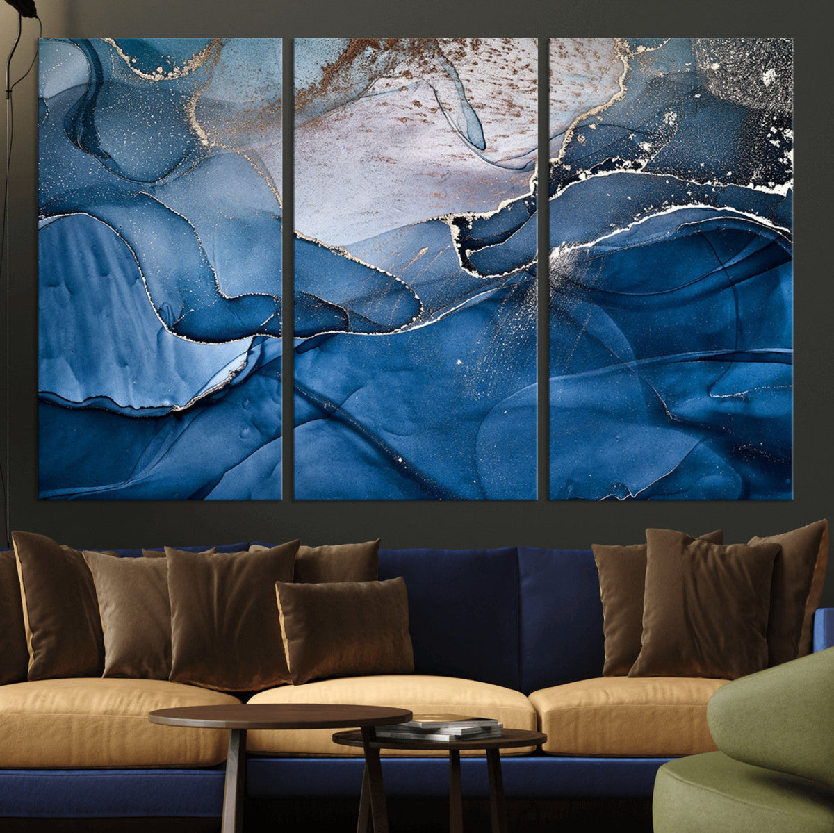 Navy Blue Canvas Art Abstract Print | Elegant Triptych Modern Art