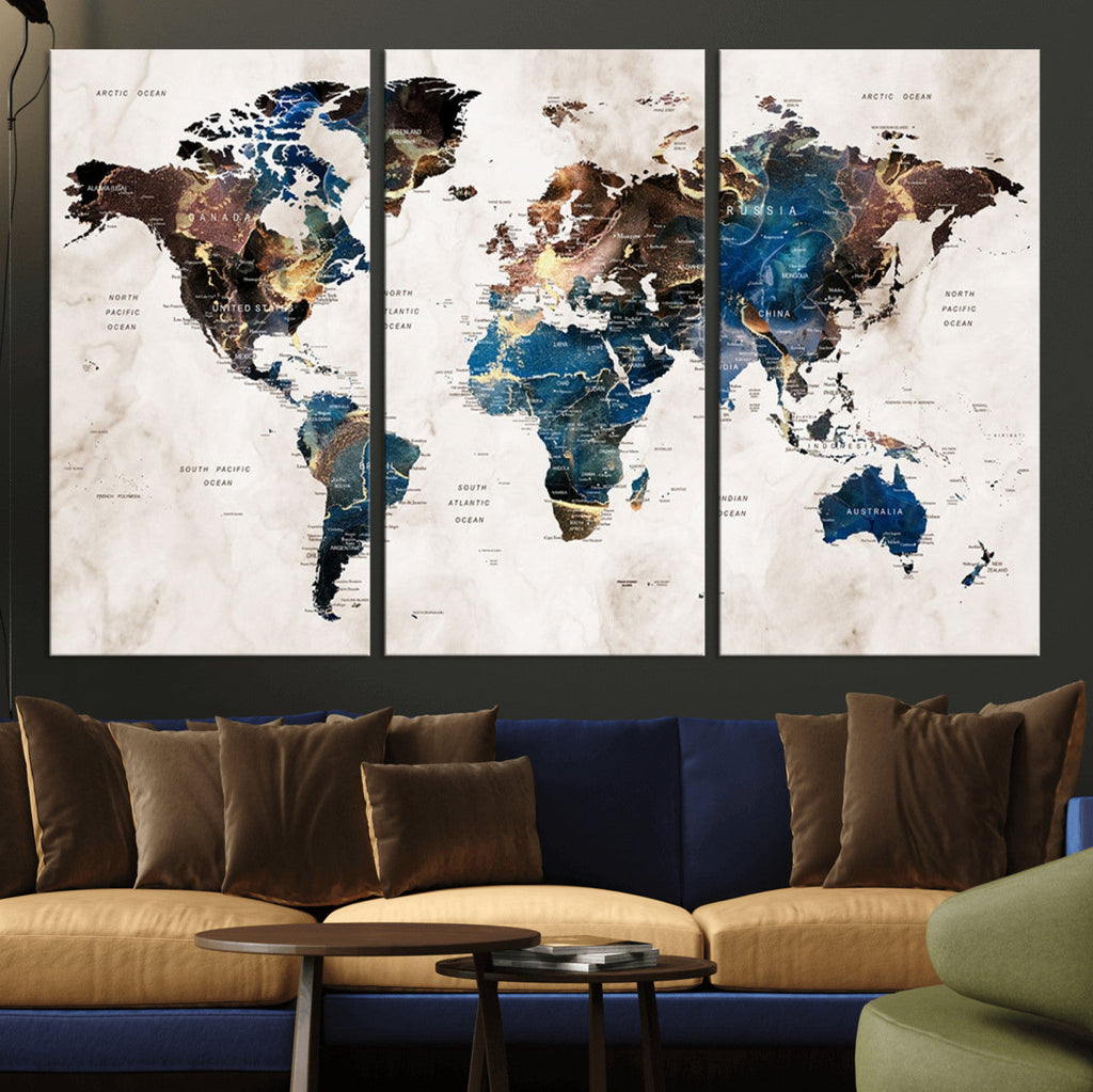 Abstract Earth Tone Blue World Map Canvas Print | Framed Travel Map Wall Art