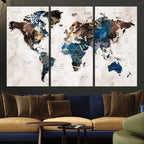 Abstract Earth Tone Blue World Map Canvas Print | Framed Travel Map Wall Art